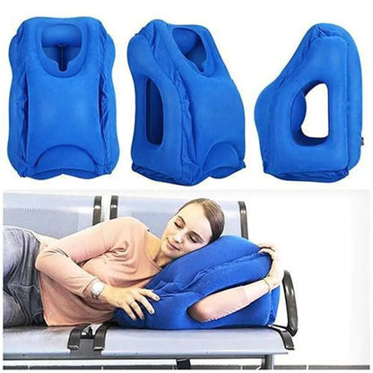 The image showcases three perspectives of the Valga Inflatable Air Cushion Travel Pillow in blue, highlighting its adaptability for various sleeping positions. Below, an individual is depicted using the pillow while reclining in a chair, illustrating its versatility and ergonomic design that promotes comfortable resting and alleviates neck pain.