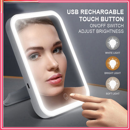 The Valga Smart Makeup Mirror, featuring a touch screen and an adjustable LED light, is depicted. It offers three lighting settings: white light, bright light, and soft light. This USB rechargeable mirror is shown on a stand with a person activating the on/off switch.