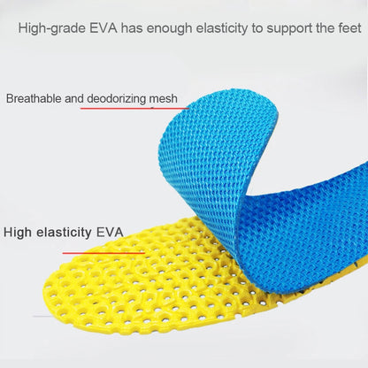 A pair of Valga Memory Foam Insoles For Shoes is displayed, showcasing their dual-layer construction. The blue layer features breathable and deodorizing honeycomb mesh, while the yellow layer boasts high elasticity EVA with advanced shock absorption. Text at the top states, "High-grade EVA provides enough elasticity to support the feet.