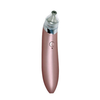 The Valga 4-in-1 Multifunctional Beauty Pore Vacuum, in an elegant rose gold color, features a pointed cylindrical shape with a single button centrally located and a transparent suction tip at the top. It is perfect for blackhead removal and deep facial cleansing.