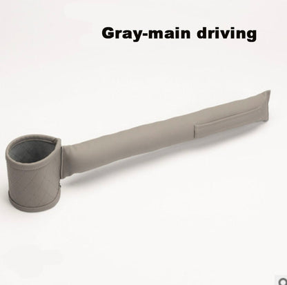 A long, padded gray cover featuring a side pocket and circular end is displayed against a white background, likely intended for car interior use as the Valga Leather Car Seat Gap Filler. The text "Gray-main driving" appears at the top of the image.