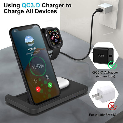 The Valga 3in1 Wireless Fast Charger Dock Station, placed on a bedside table, simultaneously charges an Apple smartphone, smartwatch, and wireless earbuds. The smartphone screen shows a 100% charge notification. An inset highlights a QC3.0 adapter and another labeled "For Apple 5V/1A." Text reads, "Using QC3.0 Charger to Charge All Devices.