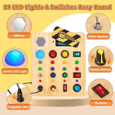 The Valga Montessori LED Busy Board is a wooden educational toy featuring various interactive elements for children's early development. It includes a mirror, a jumbo LED light, a pluggable wire, a flick switch, a rotary switch, and a button. The board is labeled "24 LED Lights & Switches Busy Board," with each component clearly marked.