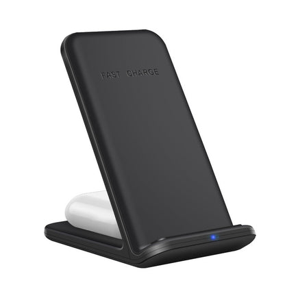 The Valga 3in1 Wireless Fast Charger Dock Station is a sleek and modern black, upright 15W fast wireless charger labeled "FAST CHARGE" on the front. It features a slanted surface to hold the device and a small blue LED light at the base that indicates charging status. This stand is ideal for charging Apple devices or as part of a multiple-device charging solution.