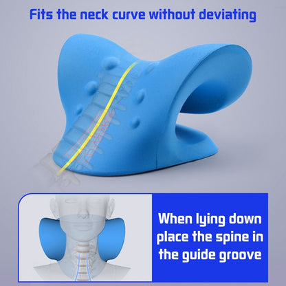 A Neck Shoulder Stretcher Pillow by Valga, designed in blue to fit the neck curve, is shown. An illustration demonstrates correct positioning with a person's head resting on the device while their spine aligns in a guide groove. The text highlights its ergonomic design for cervical spine relief and proper usage.
