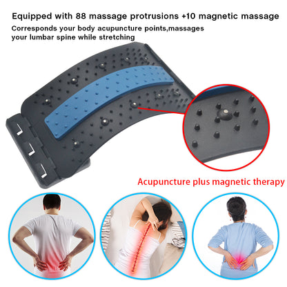 The Valga Back Massage Pad, featuring 88 adjustable massage points and 10 magnetic nodes, is showcased in a black design with a blue cushioned center. Three circular insets illustrate individuals using the device on their lumbar spine areas for relief. Accompanying text elaborates on its benefits.