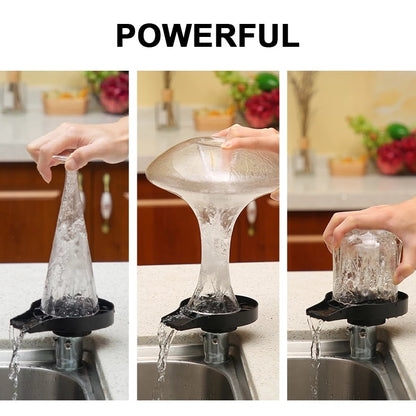 Three-panel photo labeled "POWERFUL" shows a Valga Glass Rinser Automatic Cup Washer. The first panel depicts the hand placing the bottle upside down on the rinser. The middle panel shows high-pressure water jets spraying forcefully inside, inflating. The third panel shows water rushing out from the rinser.