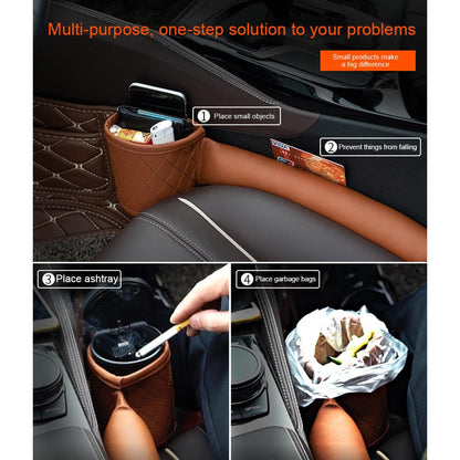 A multifunctional Valga Leather Car Seat Gap Filler, in a stylish brown color, is demonstrated in various practical uses. The top image displays it holding small items such as a phone and gum. Below, a diagram illustrates its versatile functionality as an ashtray holder and a holder for garbage bags, highlighting its convenience and practicality.