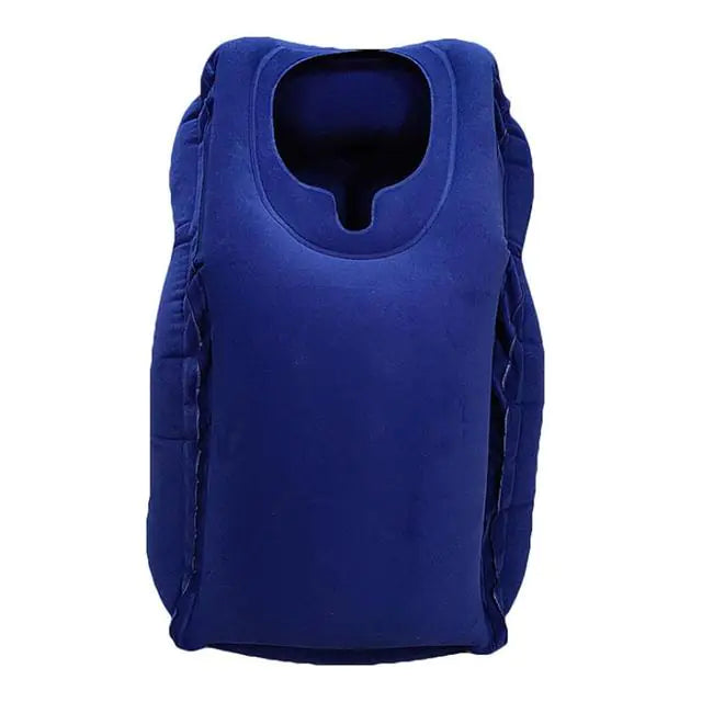 The Valga Inflatable Air Cushion Travel Pillow is a dark blue, sleeveless neck pillow designed for comfort and warmth. With its large neck opening and thick, padded sides, this travel pillow ensures a cozy and snug fit while providing effective neck pain relief.