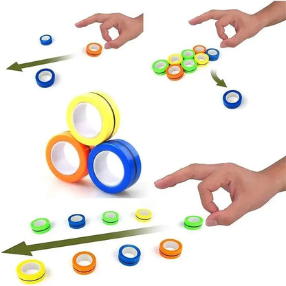 The 3Pcs Magnetic Rings Anti-Stress set by Valga is being manipulated by hands in various positions. The colorful rings, similar to fidget spinners, come in blue, orange, yellow, and green. Arrows indicate movement as some rings are stacked or spread out on a white surface.