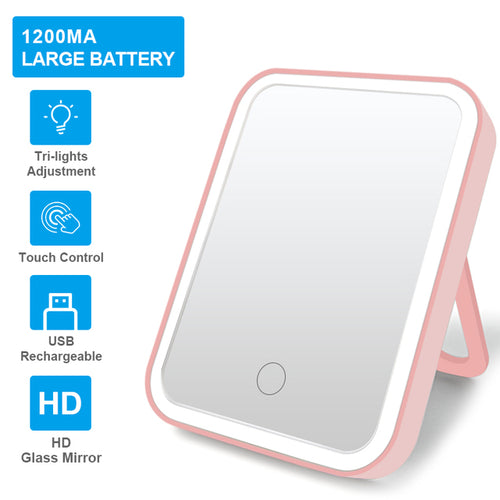 The Valga Smart Makeup Mirror with a pink frame and built-in stand is displayed. It features an HD glass mirror, touch control, USB rechargeable battery, tri-light adjustment, and a large 1200mAh battery. Additionally, blue informational icons are shown on the left side of the image.