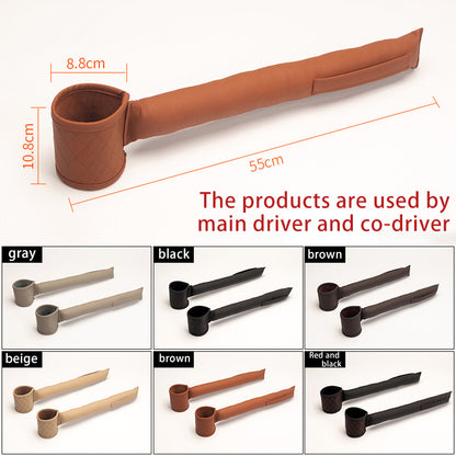 An assortment of Valga Leather Car Seat Gap Fillers features long, cylindrical designs with cup holder pockets in various colors: gray, black, brown, beige, and a combination of red and black. These PU leather gap fillers measure 55 cm in length, 10.8 cm in height, and 8.8 cm in width.