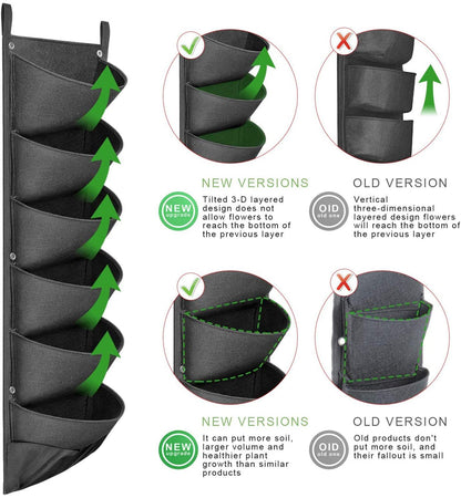 A comparison image showing the "new version" and "old version" of Valga's Vertical Hanging Garden Flower Pots. The new pocket garden systems feature a tilted 3D-layered design allowing better plant growth, while the old Vertical Hanging Garden Flower Pots could cause potential soil loss and plant crowding.