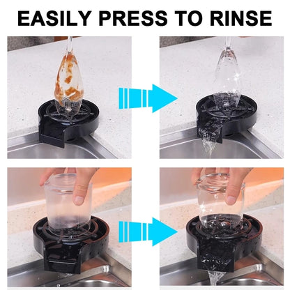 A four-panel image demonstrates the Valga Glass Rinser Automatic Cup Washer designed to rinse glasses. A dirty glass is placed upside down on the device, and pressing it activates high-pressure water jets that effectively remove debris. The process repeats with a clear glass, illustrating its easy-to-use design.