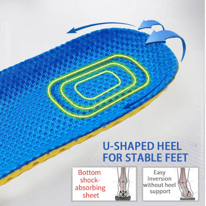 A close-up image of a blue Valga Memory Foam Insole For Shoes with a U-shaped heel design. Text overlays indicate "U-SHAPED HEEL FOR STABLE FEET." A smaller diagram below shows "Bottom shock-absorbing sheet" for advanced shock absorption and "Easy inversion without heel support.