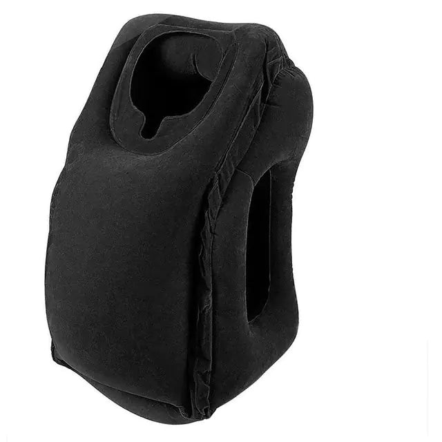 The Valga Inflatable Air Cushion Travel Pillow is a black, compact travel accessory designed to support the head and neck, providing neck pain relief while sleeping. Its unique shape allows for forward-leaning rest with a face and arm hole for maximum comfort and a soft, cushioned appearance.