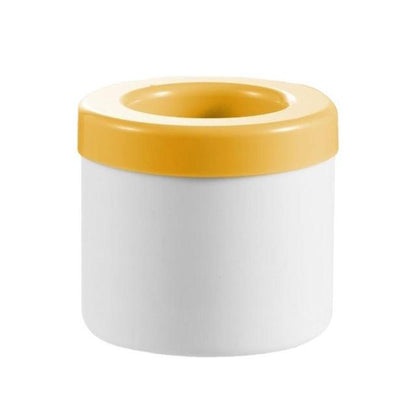 The Valga Silicone Cylinder Portable Ice Maker Bucket is a white cylindrical container with a wide yellow rim at the top, featuring a large, circular opening. Its design is simple and modern, making it a perfect addition to any kitchen.