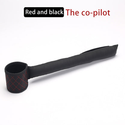 The Valga Leather Car Seat Gap Filler, designed for the co-pilot's seat, features a black and red quilted PU leather cylindrical base with an elongated, padded section for arm support. Text above reads "Red and black The co-pilot.