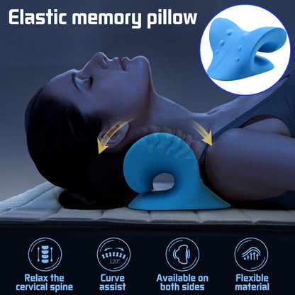 A woman is lying on her back using a blue Neck Shoulder Stretcher Pillow by Valga, designed to support the cervical spine and provide curve assistance. Icons at the bottom highlight benefits such as neck pain alleviation, 120° curve assist, double-sided availability, and flexible material.