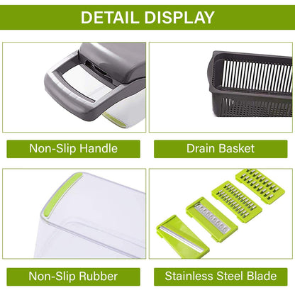 An image showcasing the intricate features of the Valga Vegetable Chopper Kitchen, an ideal tool for meal preparation. The product includes a non-slip handle, a drain basket, non-slip rubber, and a stainless steel blade. Each feature is individually highlighted with descriptive labels and corresponding images.