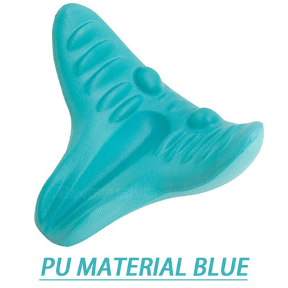 An image of a blue polyurethane (PU) object from Valga, designed with a distinctive three-pronged shape and adorned with ridges and textured bumps, making it ideal for alleviating neck pain by supporting the cervical spine. The text "PU MATERIAL BLUE" is written below in matching blue.