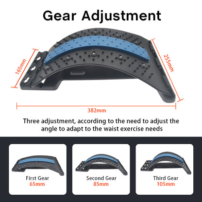 Image showing the Valga Back Massage Pad featuring gear adjustment options designed for lumbar spine relief. The curved pad includes a blue rubber surface with black spikes that serve as adjustable massage points. Dimensions are 165mm x 255mm, with a length of 382mm. It offers three height adjustments: 65mm (first gear), 85mm (second gear), and 105mm (third gear). Text reads "Gear Adjustment".