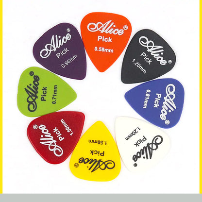 A set of nine vibrant Valga Guitar Picks made from ABS plastic, each marked with "Alice Pick" and available in thicknesses from 0.58mm to 1.20mm. The picks come in various colors including purple, orange, black, white, red, green, and yellow. Each pick features a triangular shape with rounded edges and is designed for exceptional durability for use on acoustic electric bass guitars.