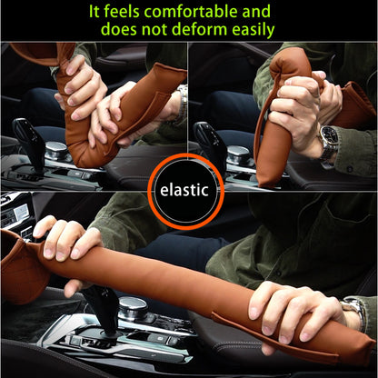 In a car, a person uses a long, brown, cushioned cover on the gear shift and steering wheel. The text on the image reads: "It feels comfortable and does not deform easily." A circular label in the center says "elastic." Enhance your drive with Valga's Leather Car Seat Gap Filler for added convenience.