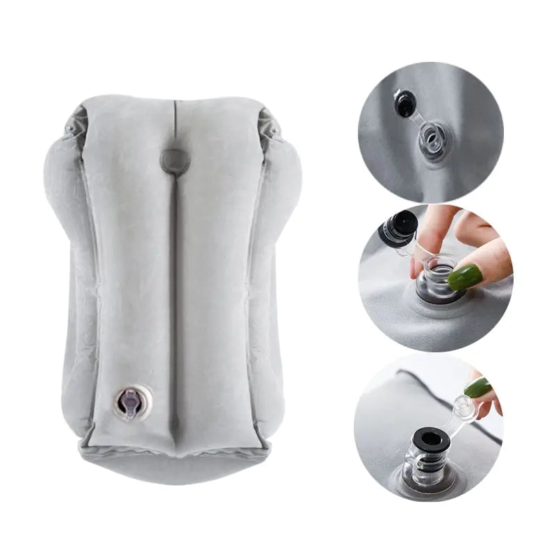 A Valga Inflatable Air Cushion Travel Pillow in gray color, displayed from the front, with three smaller inset circles highlighting the inflation valve. One of these circles shows a hand with green nails inflating the compact travel accessory using the valve. Perfect for providing neck pain relief on-the-go.