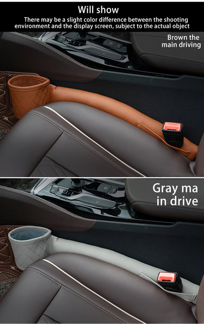 Two images depict a close-up view of car seats with Valga Leather Car Seat Gap Fillers occupying the spaces beside the seatbelt buckles. The top image highlights a brown Valga Leather Car Seat Gap Filler, while the bottom image displays a gray one. Both organizers are designed to hold small items like cups and phones.