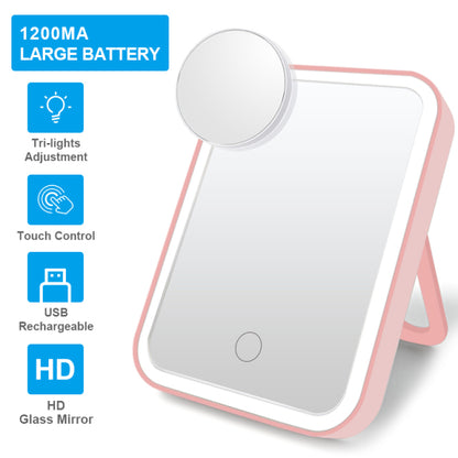 Here is a rewrite of the sentence using the provided product data:

The Valga Smart Makeup Mirror features a pink frame and built-in stand. Notable highlights include a 1200mA large battery, tri-lights adjustment, touch control, USB rechargeability, and an HD glass mirror. This innovative makeup mirror also comes with a small, detachable magnifying mirror.