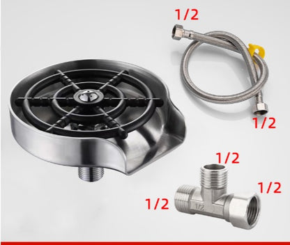 This image showcases a set of plumbing components, including a stainless steel floor drain with a removable cover and strainer, the Valga Glass Rinser Automatic Cup Washer with high-pressure water jets, and a tee pipe fitting. Each component is labeled with the size "1/2" in red text.