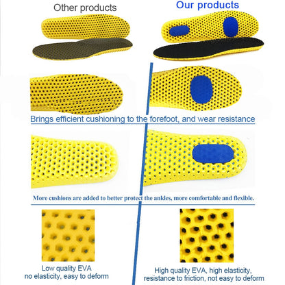 Comparison image showcasing two shoe insoles. The left is labeled "Other products" and features photos of yellow insoles with black dots and plain yellow undersides. The right, highlighting Valga’s Memory Foam Insoles For Shoes, emphasizes enhanced cushioning, advanced shock absorption, wear resistance, comfort, flexibility, and higher quality EVA material.