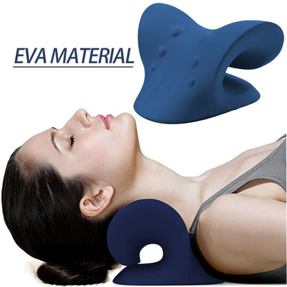 A woman lies on her back using a Valga Neck Shoulder Stretcher Pillow, crafted from blue EVA material. The device is specifically designed to cradle the neck, offering support and comfort while aiding in cervical spine relief. Above her is an additional image of the product, showcasing its shape and texture with the words "EVA MATERIAL" prominently displayed.