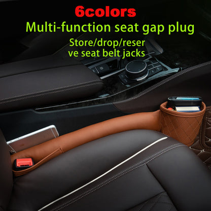 A brown leather car seat gap filler by Valga is placed between a seat and the center console. It includes a pocket that can hold a smartphone and other small items. Red and green text above reads: "6colors Multi-function seat gap plug Store/drop/reserve seat belt jacks.