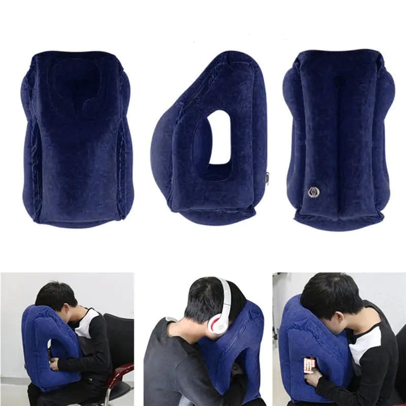 Three views of a dark blue Valga Inflatable Air Cushion Travel Pillow with arm and face holes. Below, three images show a person using this compact travel accessory while seated: facing downward on a desk, wearing headphones resting forward, and embracing it for neck pain relief.