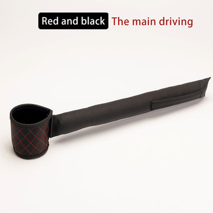 A black PU leather car seat belt cover with red stitching and text above it that reads "Red and black" on a black background and "The main driving" on a red background. The cover features a padded section and a narrower strap section, designed to match your Valga Leather Car Seat Gap Filler perfectly.