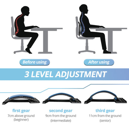 An infographic demonstrates a person with poor posture before using the Valga Back Massage Pad and improved posture after incorporating lumbar spine relief. Below, a graphic illustrates three adjustment levels for the Valga Back Massage Pad with adjustable massage points: beginner (7cm), intermediate (9cm), and senior (11cm).