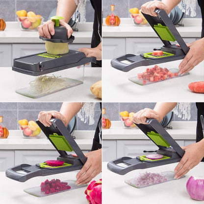 The Vegetable Chopper Kitchen by Valga is depicted in a series of four panels. A user employs the device to shred potatoes, dice carrots, slice beetroot, and chop onions with ease. The chopper is equipped with a green blade and features a transparent container for collecting the sliced vegetables. A kitchen countertop can be seen in the background, facilitating swift meal preparation.