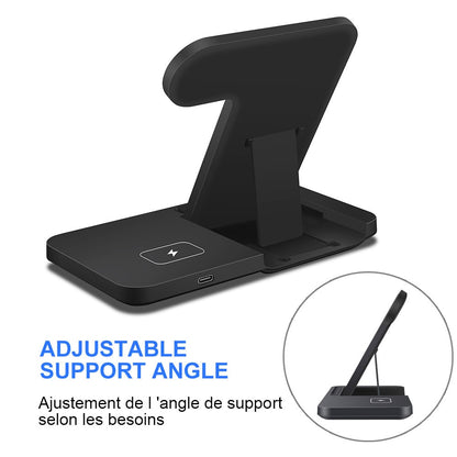 A black 3in1 Wireless Fast Charger Dock Station by Valga, featuring an adjustable support angle and offering a powerful 15W fast charging capability. Its minimalist design includes a subtle lightning symbol at the base to indicate charging functionality. A close-up inset in a circular frame showcases the angle adjustment feature, with text in both English and French stating "ADJUSTABLE SUPPORT ANGLE.