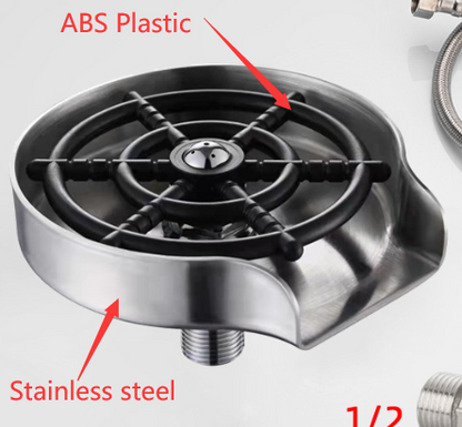 An up-close image of a Valga Glass Rinser Automatic Cup Washer with labels. The outer part is marked "Stainless steel," and the inner part is labeled "ABS Plastic." This component seems to be essential for high-pressure water jet functions. Additionally, a hose and fitting are visible in the image.