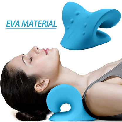 A woman lies on her back, resting her neck on a blue Valga Neck Shoulder Stretcher Pillow. The close-up image showcases the pillow's curved design and texture. The text "EVA MATERIAL" is written in blue font on the left side of the image, promising relief from cervical spine discomfort.