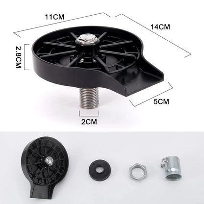 The image shows a black caster wheel labeled with dimensions for various parts. The wheel has a diameter of 11 cm, a height of 2.8 cm, a thread width of 2 cm, and an overall width of 14 cm. Also depicted are individual parts: a rubber gasket, screw nut, and metal cylinder. In the background is the Valga Glass Rinser Automatic Cup Washer with high-pressure water jets.