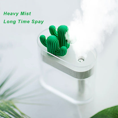 A clear 160ML Ultrasonic Air Humidifier from Valga, designed with a cactus shape, emits a fine mist to provide relief from dry air. The text "Heavy Mist Long Time Spray" is displayed in green in the upper left corner, with a blurred plant partially visible in the background.