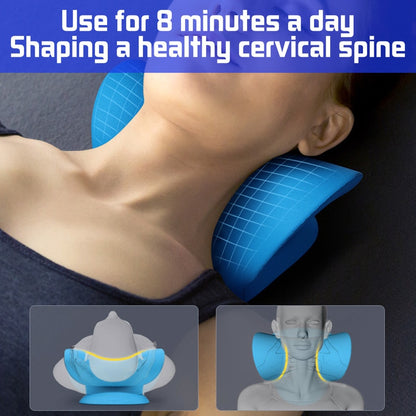 A person reclines with a blue Valga Neck Shoulder Stretcher Pillow positioned under their neck. The top text reads, "Use for 8 minutes a day Shaping a healthy cervical spine." Below, illustrations depict the Neck Shoulder Stretcher Pillow supporting the spine's alignment for effective cervical spine relief.