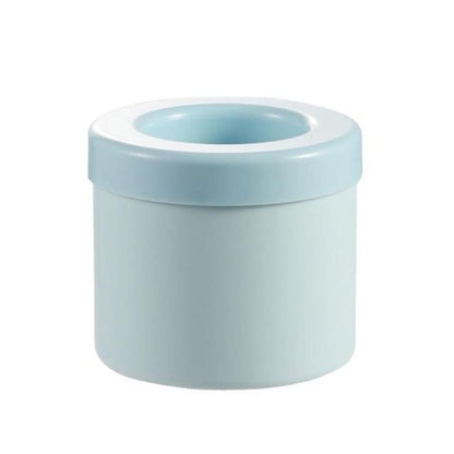 A light blue, round container with a slightly darker blue lid designed with an open circular top. Resembling the Valga Silicone Cylinder Portable Ice Maker Bucket, the plastic container is shown against a white background.