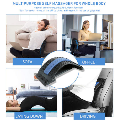 The image showcases various applications of Valga's Back Massage Pad for whole-body relief. It depicts individuals using the massage pad on a sofa, in an office chair, while lying down, and sitting in a car. The black and blue ABS Back Massage Pad from Valga offers adjustable massage points for optimal lumbar spine relief.