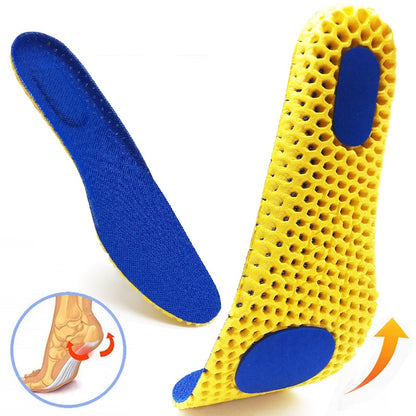 A pair of Memory Foam Insoles For Shoes by Valga features a blue top surface and a yellow honeycomb structure underneath. The illustration in the image shows the U-shaped heel support of the insole, suggesting enhanced comfort and advanced shock absorption, with an orange arrow indicating an upward motion.