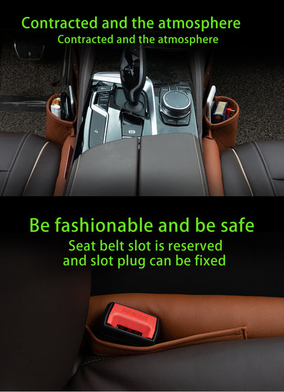 The image presents two sections of a car interior. The top section features a gear shift area with nearby storage compartments in brown PU leather. The bottom section highlights a seat belt buckle encased in Valga's Leather Car Seat Gap Filler. Green text provides descriptions.