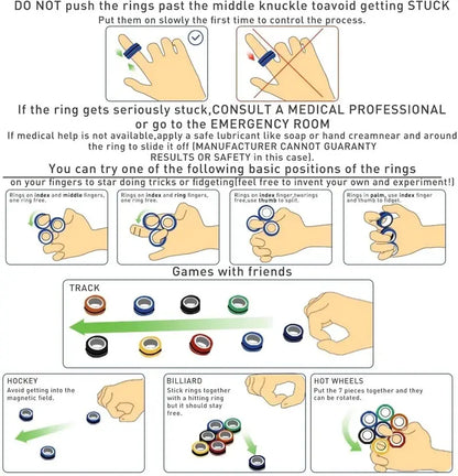 A diagram explains how to use and play with the Valga 3Pcs Magnetic Rings Anti-Stress for fingers. The steps warn not to push the rings past the middle knuckle and advise consulting a medical professional if they get stuck. Different games with these magnetic rings include track, hockey, billiards, and hot wheels.